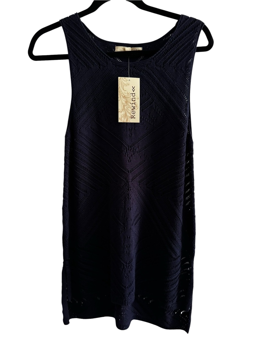 Rewind Navy Open Knit Sleeveless Sweater Tank SZ L Boho Crochet Beach Y2K Boho